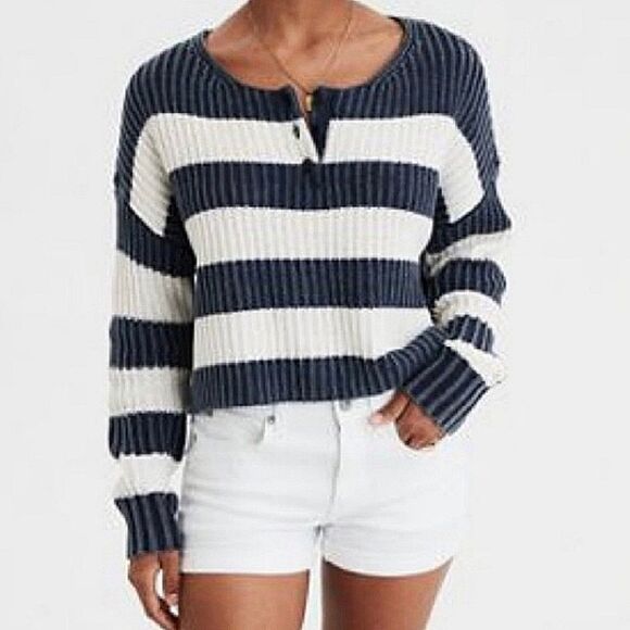 American Eagle Oversized Cropped Blue White Striped Chunky Knit Sweater XS - Picture 1 of 11